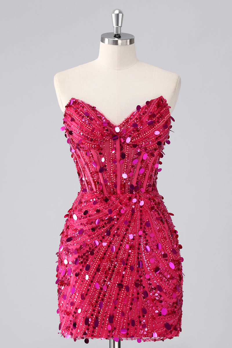 Load image into Gallery viewer, Sparkly Red Sequins Strapless Tight Short Homecoming Dress