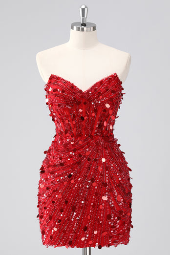 Sparkly Red Sequins Strapless Tight Short Homecoming Dress