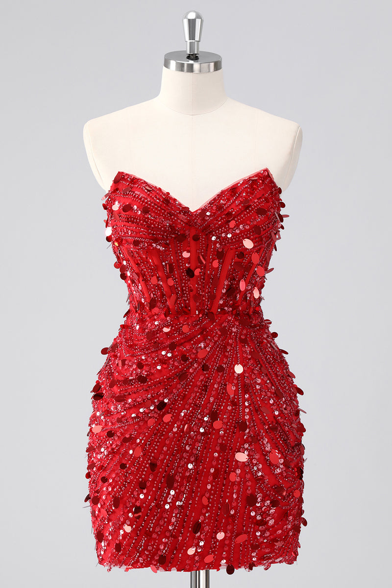 Load image into Gallery viewer, Sparkly Red Sequins Strapless Tight Short Homecoming Dress