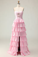 Load image into Gallery viewer, Sparkly Pink Strapless Ruffled Long Prom Dress with Keyhole