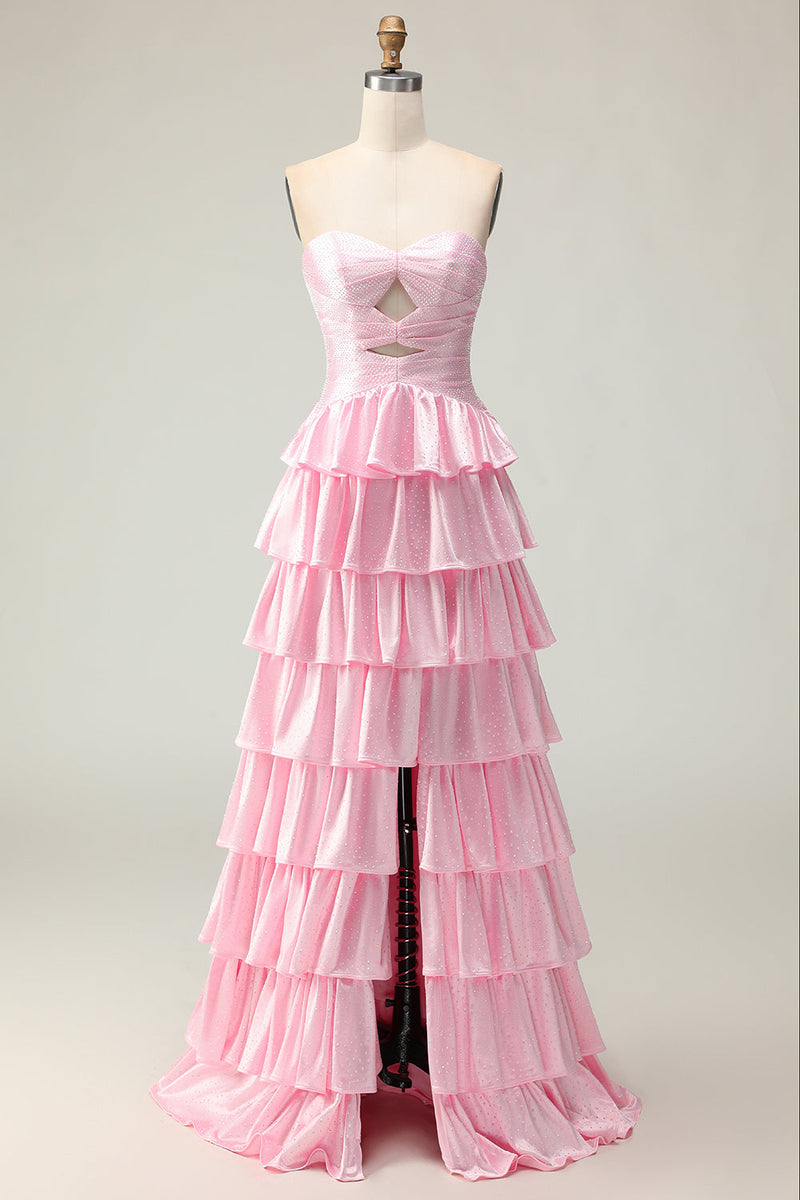 Load image into Gallery viewer, Sparkly Pink Strapless Ruffled Long Prom Dress with Keyhole