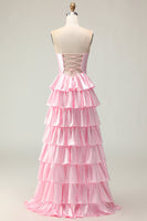 Load image into Gallery viewer, Sparkly Pink Strapless Ruffled Long Prom Dress with Keyhole