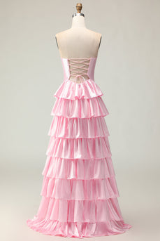Sparkly Pink Strapless Ruffled Long Prom Dress with Keyhole