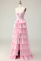 Load image into Gallery viewer, Sparkly Pink Strapless Ruffled Long Prom Dress with Keyhole