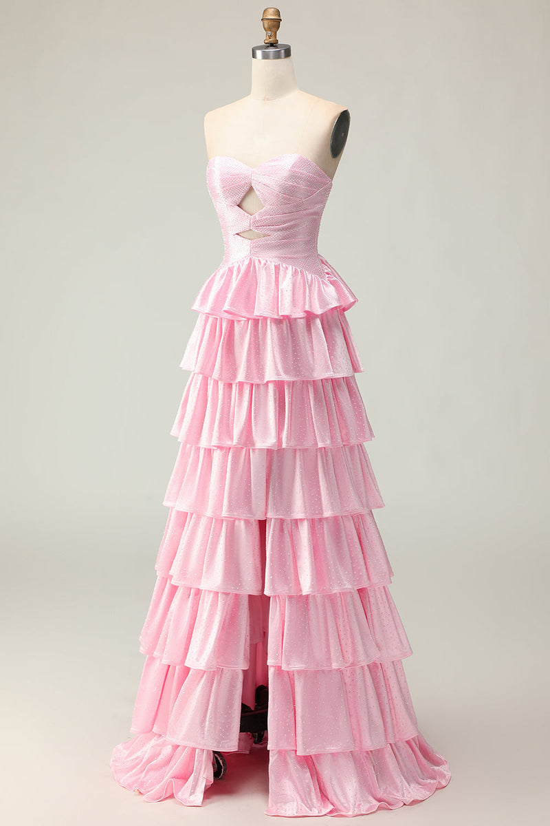 Load image into Gallery viewer, Sparkly Pink Strapless Ruffled Long Prom Dress with Keyhole