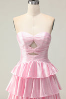 Load image into Gallery viewer, Sparkly Pink Strapless Ruffled Long Prom Dress with Keyhole