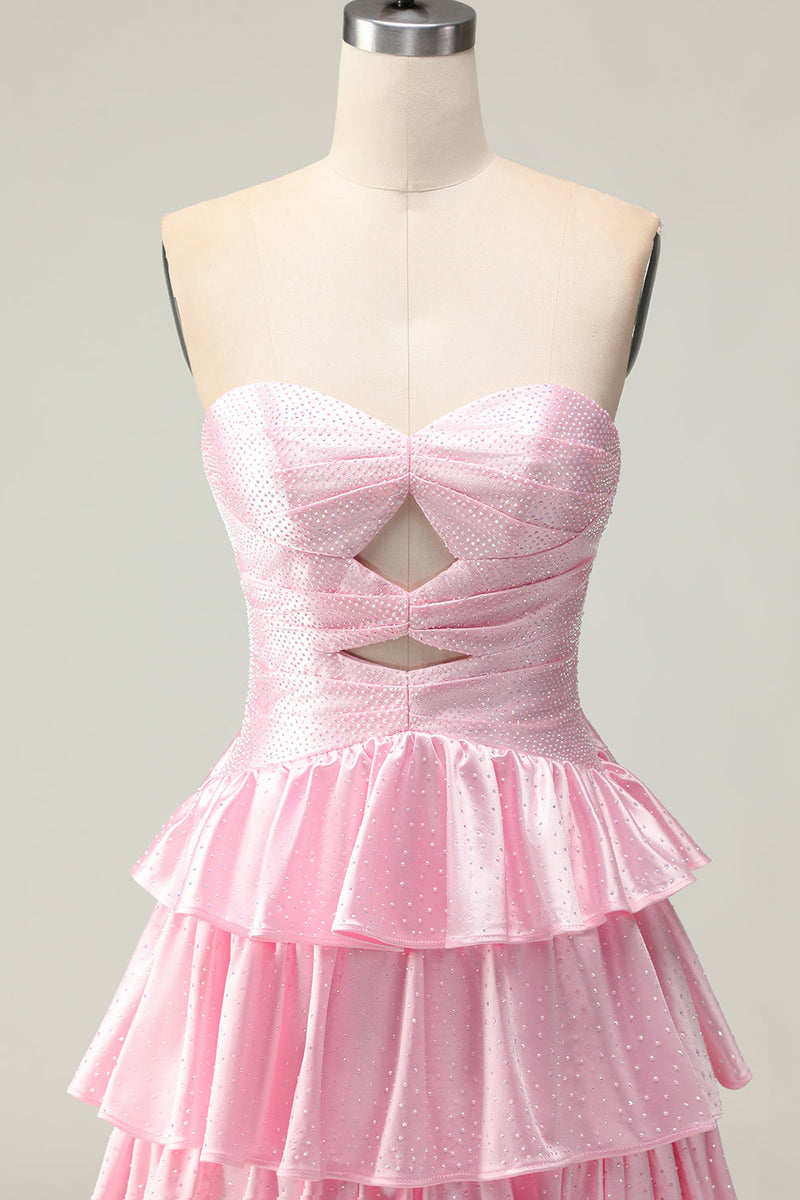 Load image into Gallery viewer, Sparkly Pink Strapless Ruffled Long Prom Dress with Keyhole