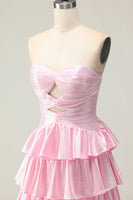 Load image into Gallery viewer, Sparkly Pink Strapless Ruffled Long Prom Dress with Keyhole