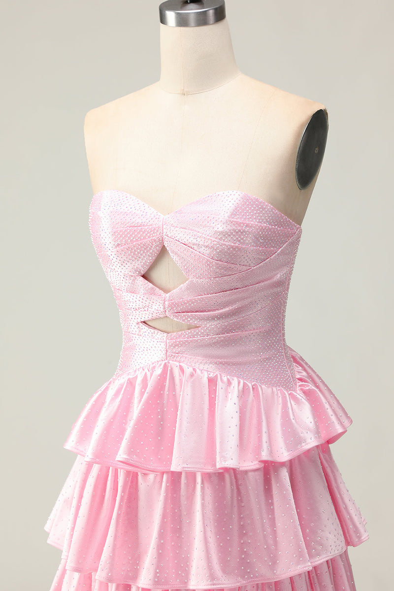 Load image into Gallery viewer, Sparkly Pink Strapless Ruffled Long Prom Dress with Keyhole
