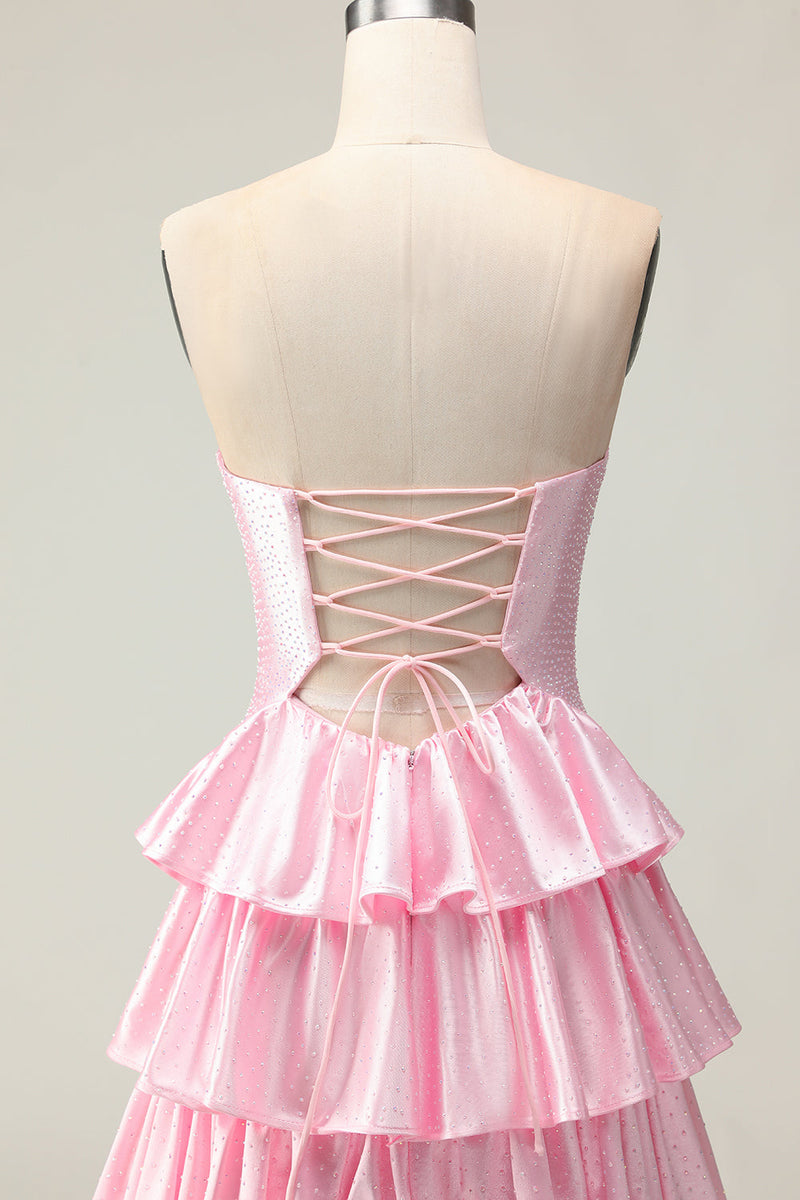 Load image into Gallery viewer, Sparkly Pink Strapless Ruffled Long Prom Dress with Keyhole