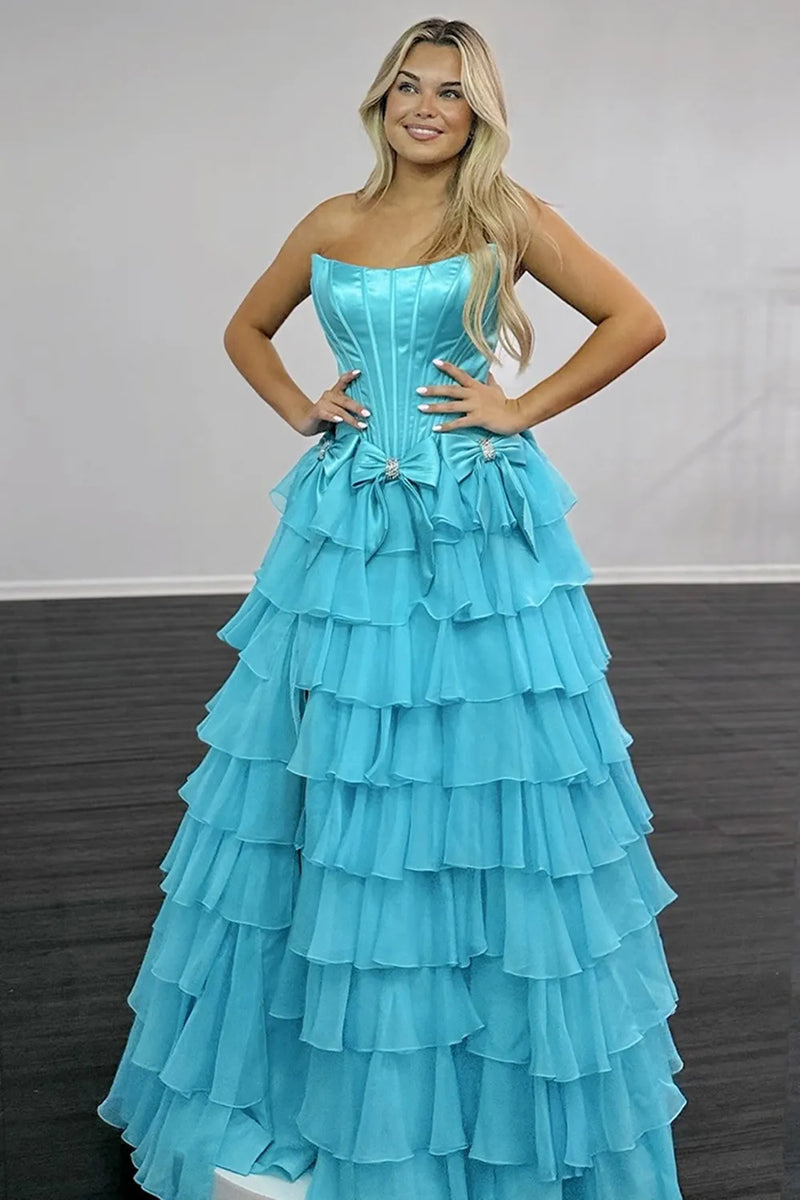 Load image into Gallery viewer, Blue A-Line Tiered Strapless Long Corset Prom Dress with Bows