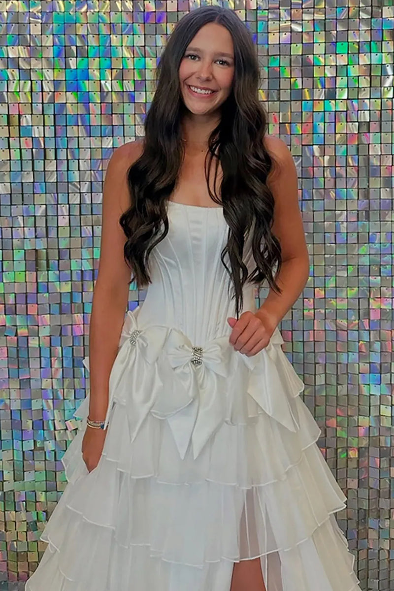 Load image into Gallery viewer, Blue A-Line Tiered Strapless Long Corset Prom Dress with Bows