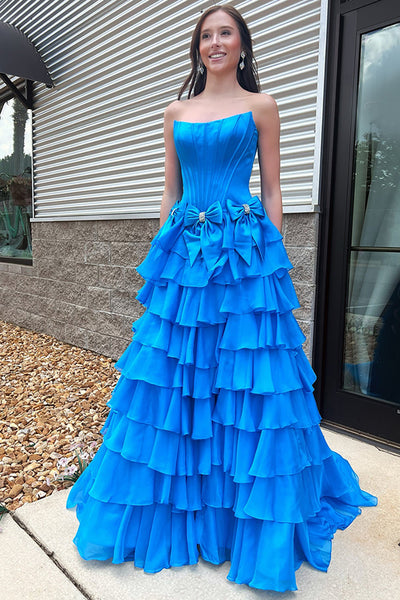 Blue A-Line Tiered Strapless Long Corset Prom Dress with Bows