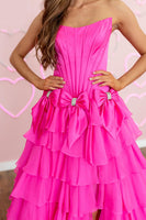 Load image into Gallery viewer, Fuchsia A-Line Strapless Tiered Long Corset Prom Dress with Bows