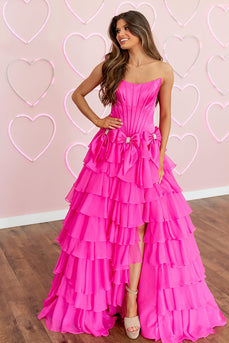 Blue A-Line Tiered Strapless Long Corset Prom Dress with Bows