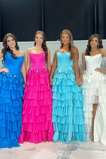 Blue A-Line Tiered Strapless Long Corset Prom Dress with Bows