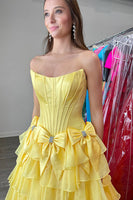 Load image into Gallery viewer, Fuchsia A-Line Strapless Tiered Long Corset Prom Dress with Bows