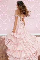Load image into Gallery viewer, Sparkly Pink Off the Shoulder A-Line Ruffled Long Corset Prom Dress with Beading