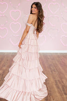 Load image into Gallery viewer, Sparkly Pink Off the Shoulder A-Line Ruffled Long Corset Prom Dress with Beading
