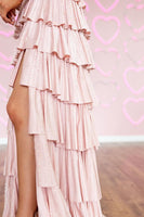 Load image into Gallery viewer, Sparkly Pink Off the Shoulder A-Line Ruffled Long Corset Prom Dress with Beading