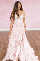 Load image into Gallery viewer, Sparkly Pink Off the Shoulder A-Line Ruffled Long Corset Prom Dress with Beading