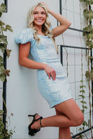 Load image into Gallery viewer, Sparkly Light Blue Sequin Tight Square Neck Puff Sleeves Short Prom Dress