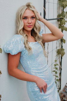 Sparkly Light Blue Sequin Tight Square Neck Puff Sleeves Short Prom Dress