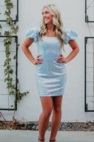 Load image into Gallery viewer, Sparkly Light Blue Sequin Tight Square Neck Puff Sleeves Short Prom Dress