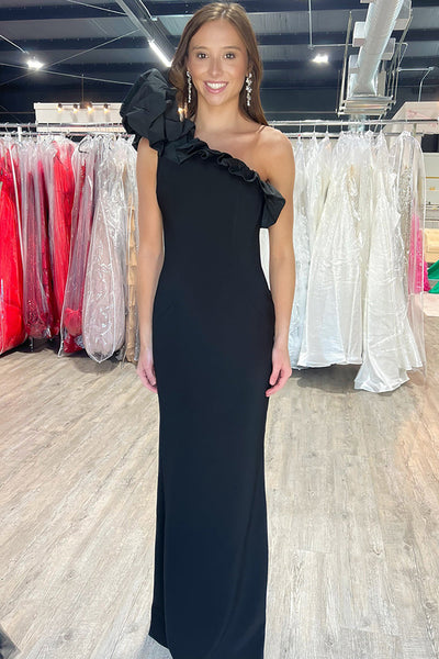 Black Mermaid Satin One Shoulder Long Prom Dress with Ruffles