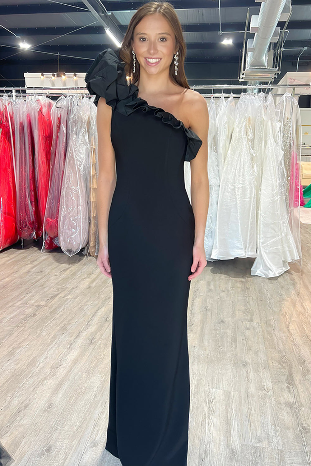 Black Mermaid Satin One Shoulder Long Prom Dress with Ruffles