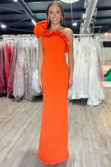 Black Mermaid Satin One Shoulder Long Prom Dress with Ruffles
