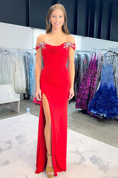 Red Satin Off the Shoulder Mermaid Long Corset Prom Dress with Slit