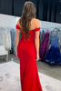Load image into Gallery viewer, Red Satin Off the Shoulder Mermaid Long Corset Prom Dress with Slit