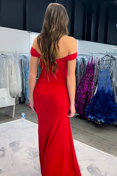 Red Satin Off the Shoulder Mermaid Long Corset Prom Dress with Slit