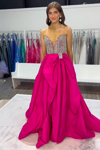 Sparkly Fuchsia A Line Satin V-Neck Long Prom Dress with Beading