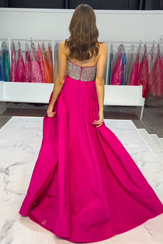 Sparkly Fuchsia A Line Satin V-Neck Long Prom Dress with Beading