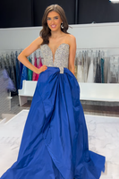 Load image into Gallery viewer, Sparkly Fuchsia A Line Satin V-Neck Long Prom Dress with Beading