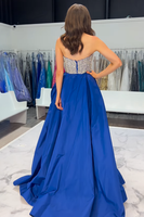 Load image into Gallery viewer, Sparkly Fuchsia A Line Satin V-Neck Long Prom Dress with Beading