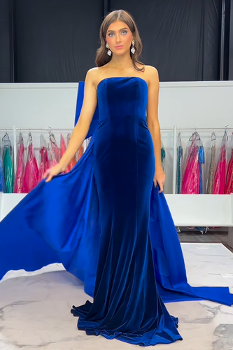 Royal Blue Velvet Mermaid Strapless Long Prom Dress with Bow