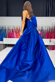 Royal Blue Velvet Mermaid Strapless Long Prom Dress with Bow