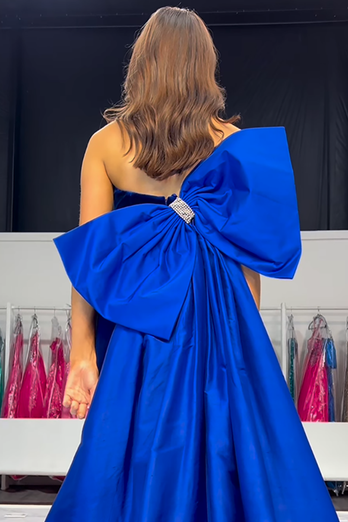 Royal Blue Velvet Mermaid Strapless Long Prom Dress with Bow