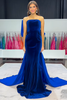 Load image into Gallery viewer, Royal Blue Velvet Mermaid Strapless Long Prom Dress with Bow