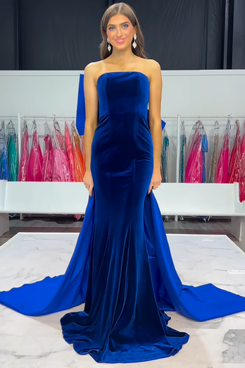 Royal Blue Velvet Mermaid Strapless Long Prom Dress with Bow