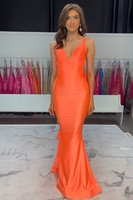 Load image into Gallery viewer, Orange Satin Mermaid V-Neck Long Prom Dress with Bow