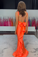 Load image into Gallery viewer, Orange Satin Mermaid V-Neck Long Prom Dress with Bow