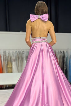 Sparkly Lilac Satin A-Line Halter Long Prom Dress with Beading
