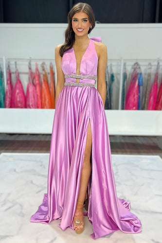 Sparkly Lilac Satin A-Line Halter Long Prom Dress with Beading