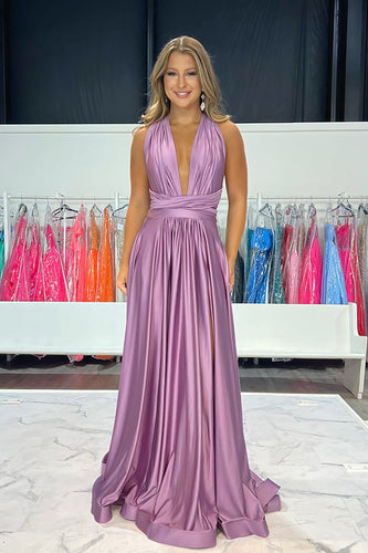 Simple Purple Satin V-Neck A-Line Pleated Long Prom Dress