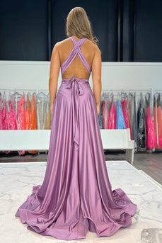 Simple Purple Satin V-Neck A-Line Pleated Long Prom Dress
