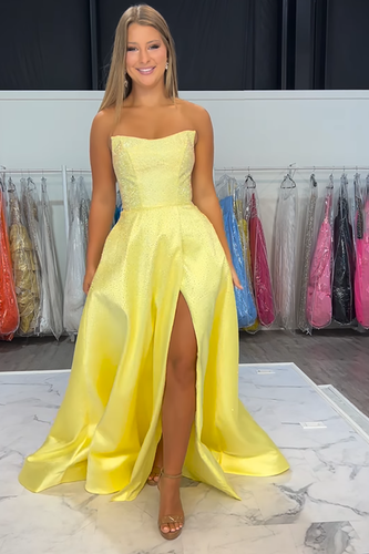 Sparkly Yellow Satin A-Line Strapless Long Prom Dress with Beading